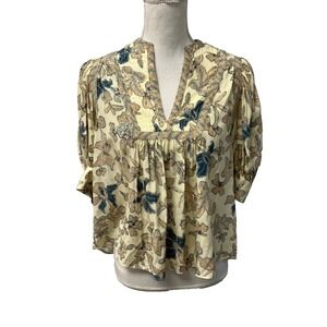 Ulla Johnson Silk Blouse Top Womens 6 Yellow Floral Short Sleeve Cropped Boho